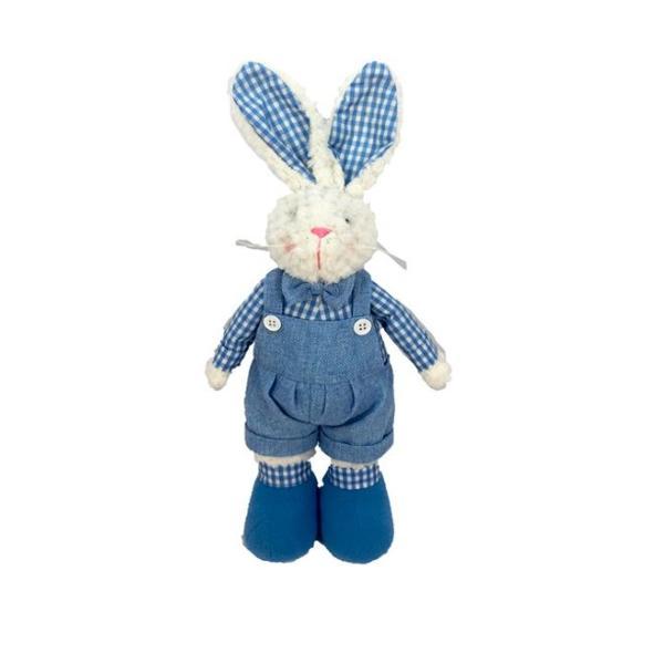 Figurina decor pentru Paste, iepure alb imbracat in haine albastre de sarbatoare, sta in picioare, inaltime 44.5 cm