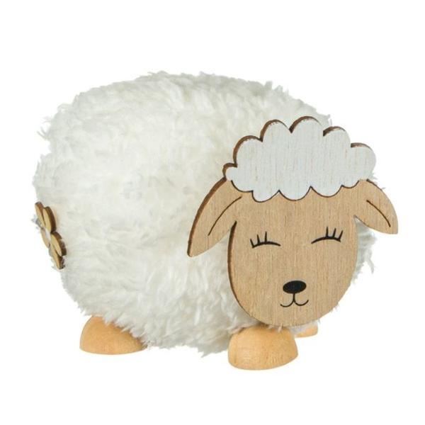 Figurina decorativa pentru masa de paste, oaie din lemn cu lana bej, inaltime 9.5 cm - topi toy