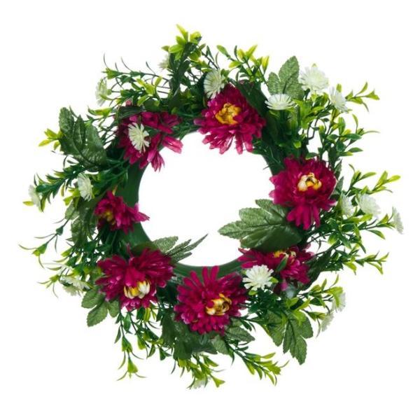Decoratiune suspendabila tip coronita, impodobita cu flori albe de primavara, dalie rosie si frunze verzi, 23.5 cm
