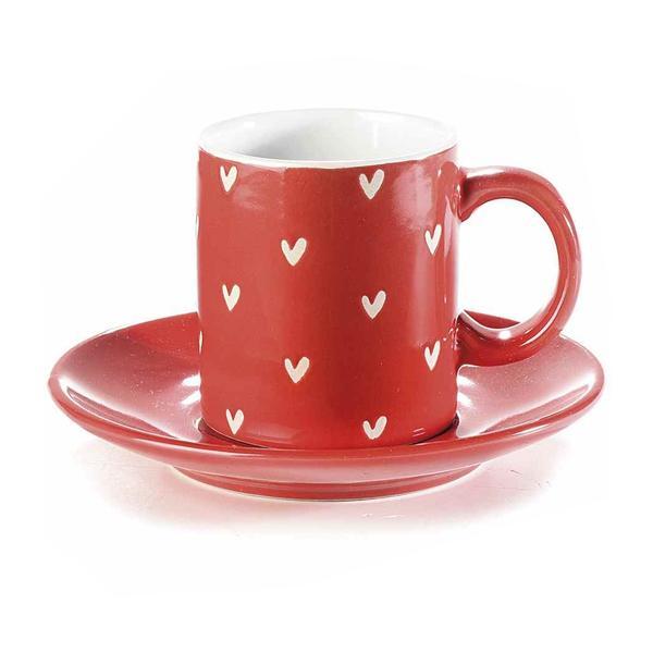 Ceasca cu farfurioara ceramica rosie alba diametru 6 cm x 6,5 h