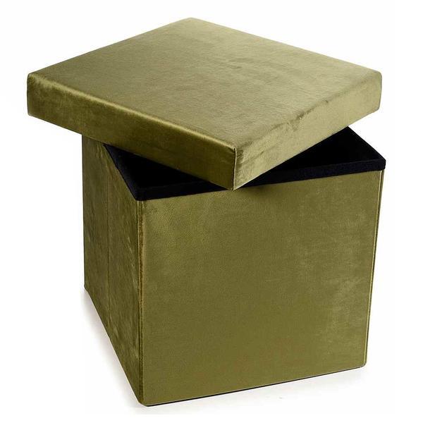 Taburet cu spatiu depozitare catifea verde olive 38 cm x 38 cm x 38 h 
