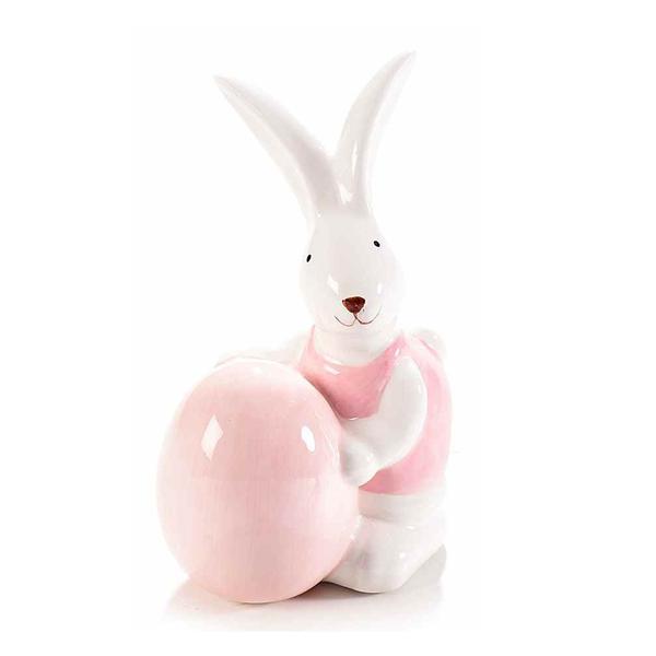 Figurina Iepuras Paste din ceramica roz alb 8 cm x 7 cm x 12 h