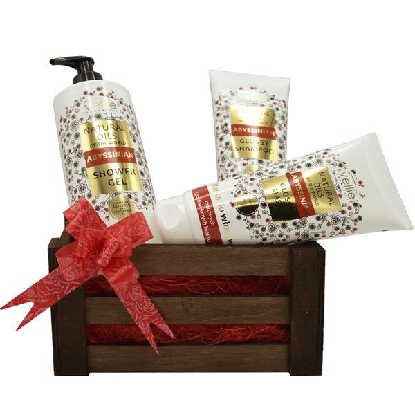 Set cadou cutie lemn, produse cosmetice cu ulei de abyssinian, gel de dus 500 ml, sampon 250 ml, masca de par 200 ml