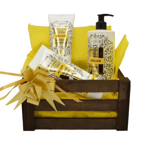 Set cadou cutie lemn, produse cosmetice cu ulei de argan, gel de dus 500 ml, sampon 250 ml, masca de par 200 ml, vellie