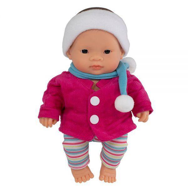 Papusa bebelus fetita asiatica 21 cm cu set imbracaminte de iarna