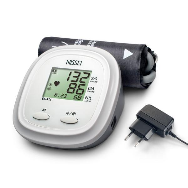 Tensiometru electronic de brat Nissei DS 11A, Memorare 60 de seturi, Afisaj LCD, Manseta 22-42 cm, detectie aritmie si body motion, Alimentator inclus, Alb esteto