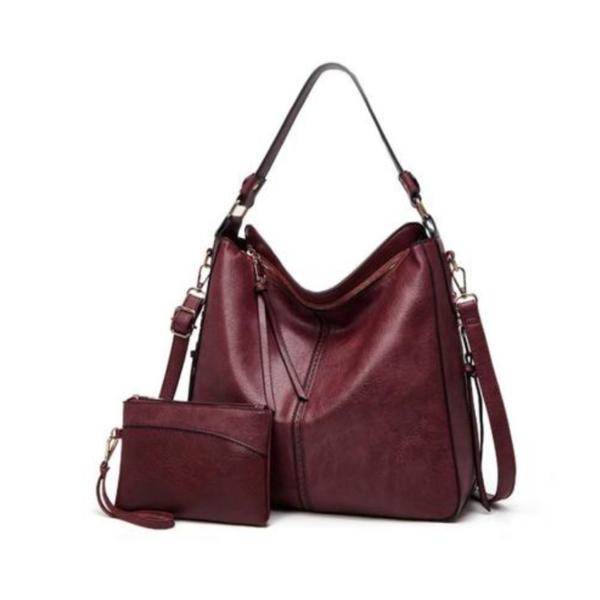 Set poseta dama, piele ecologica premium, visinie, office casual si portofel