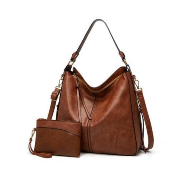 Set poseta dama, piele ecologica premium, mare, maro, office casual si portofel