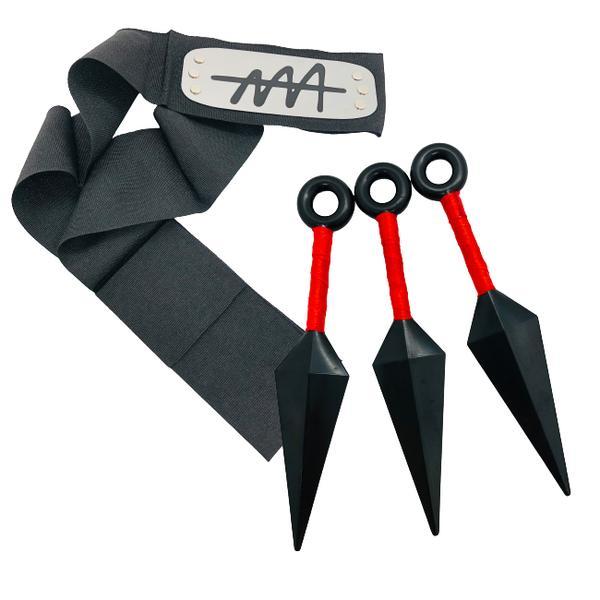 Kit bandana, 3 kunai shinobi, satul ascuns al ierbii, negru
