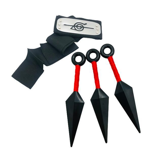 Kit bandana, 3 kunai shinobi, satul frunzei, negru 
