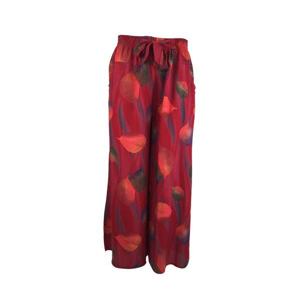 Fusta-pantalon, Univers Fashion, rosu cu imprimeu frunze, 2 buzunare, cordon si elastic la talie, S