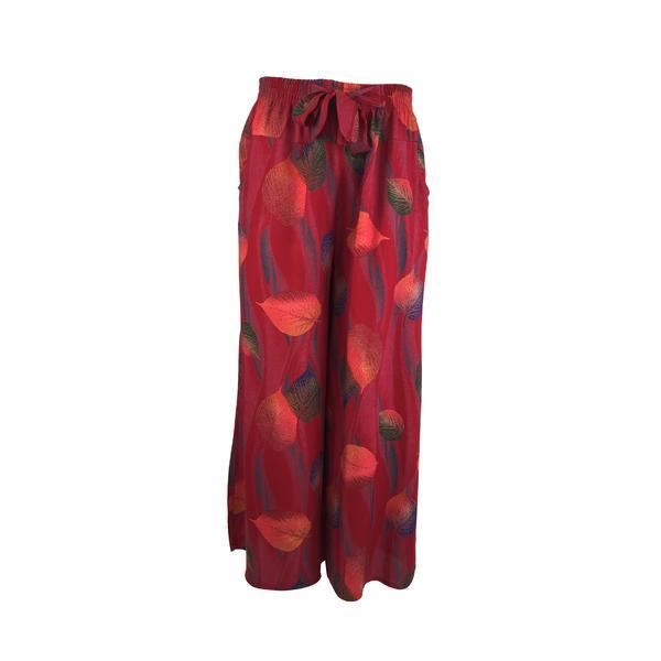 Fusta-pantalon, univers fashion, rosu cu imprimeu frunze, 2 buzunare, cordon si elastic la talie, s