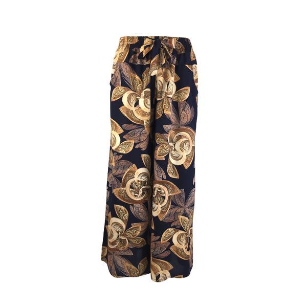 Fusta-pantalon, univers fashion, albastru cu imprimeu frunze maro, 2 buzunare, cordon si elastic la talie, m
