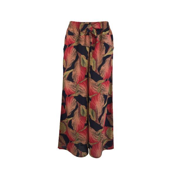 Fusta-pantalon, niumeida, albastru cu imprimeu frunze rosu, 2 buzunare, cordon si elastic la talie, m