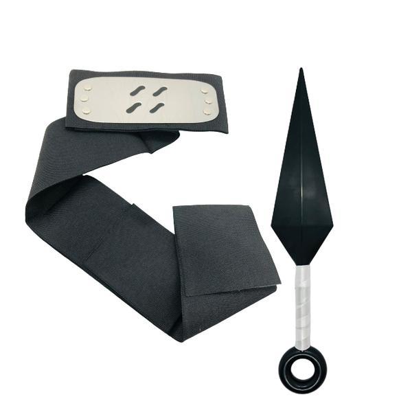 Set bandana si cutit kunai din plastic 26 cm, ninja, simbol kirigakure, naruto ,negru