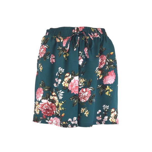 Fusta-pantalon scurta, univers fashion, verde cu imprimeu floral multicolor, 2 buzunare, cordon si elastic la talie, m-l
