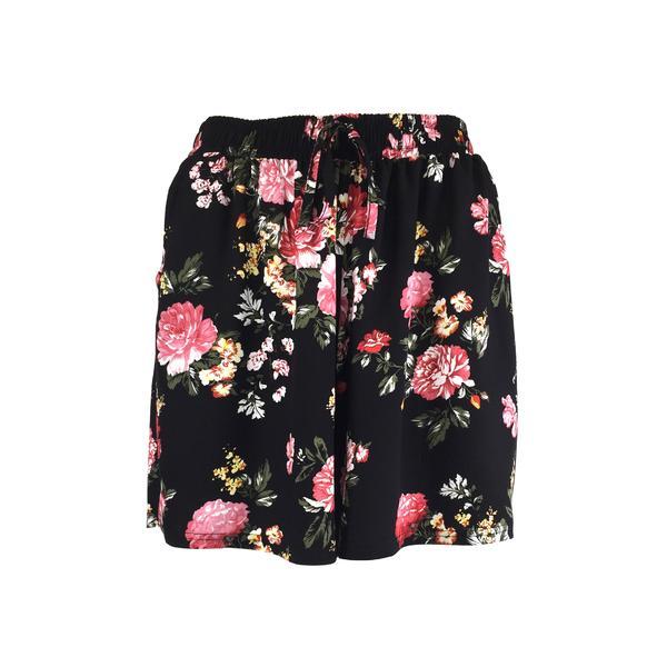 Fusta-pantalon scurta, Univers Fashion, culoare neagra cu imprimeu floral rosu, 2 buzunare, cordon si elastic la talie, M-L