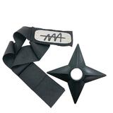 Set Bandana Naruto Simbolul Ierbii, 90 cm si Shuriken Ninja din plastic, Negru