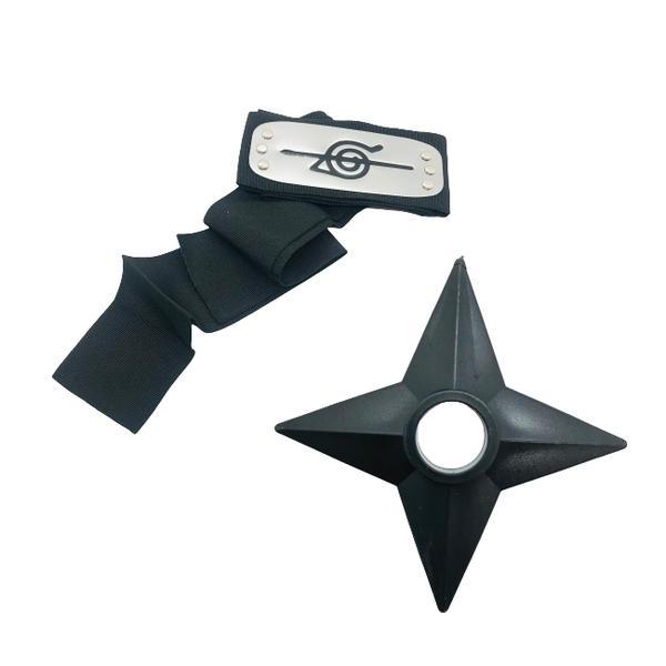 Set bandana naruto simbolul frunzelor, akatsuki, 90 cm si shuriken ninja din plastic, negru