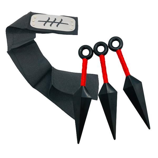 Set bandana si 3 cutite din plastic kunai 13 cm, ninja, simbol yugagakure, naruto ,negru