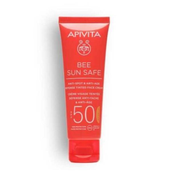 Lotiune de plaja, anti-spot   anti-age defense tinted face cream spf50, apivita, 50ml