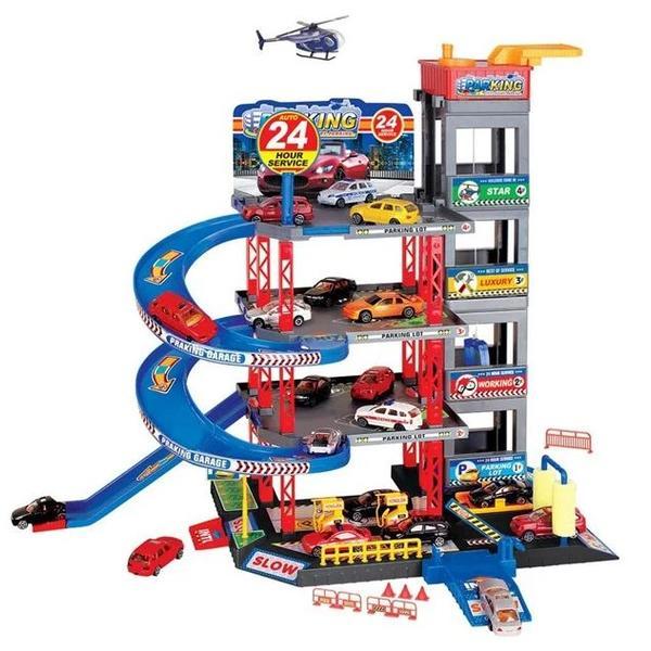 Set de garaj pe 4 etaje, cu 4 masini in miniatura si un elicopter oem