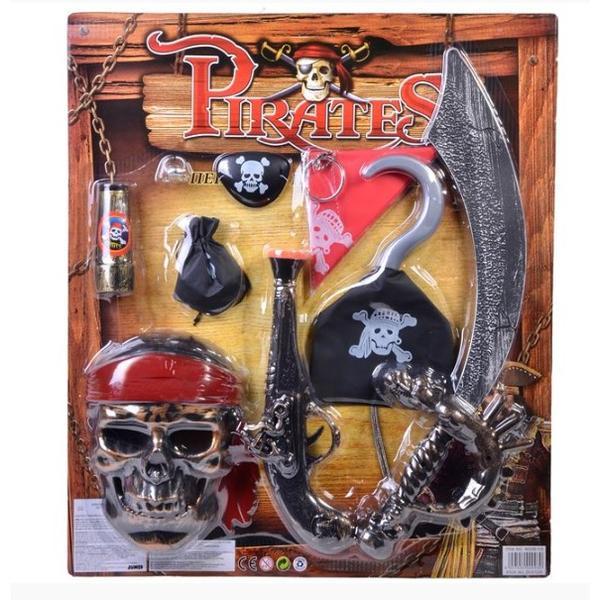 Set pirat format din pistol, o sabie, un carlig de pirat, un breloc bandana, o punga pentru monede, un craniu, o masca pentru ochi si un dop - 9 piese