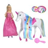 Papusa printesa in rochie lunga roz si coroana argintie in par si un unicorn alb cu o coama lunga in culorile curcubeului cu sa si corn cu lumina OEM