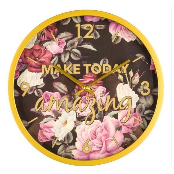 Ceas de perete decorativ cu rama aurie si interior floral ama