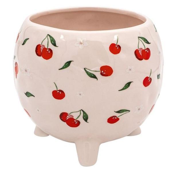 Ghiveci din ceramica roz, cu 3 picioare si desene cu cirese rosii, 17x15 cm oem