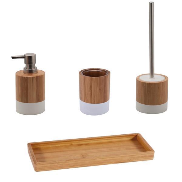 Set accesorii din bambus pentru baie, dozator sapun lichid, pahar, savoniera si perie toaleta, alb/natur OEM