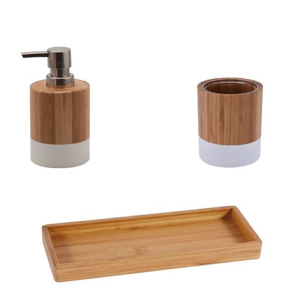 Set accesorii din bambus pentru baie, dozator sapun lichid, pahar si savoniera, alb/natur OEM