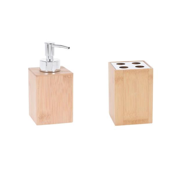 Set accesorii din bambus pentru baie format din dozator sapun lichid si pahar pentru periute de dinti OEM