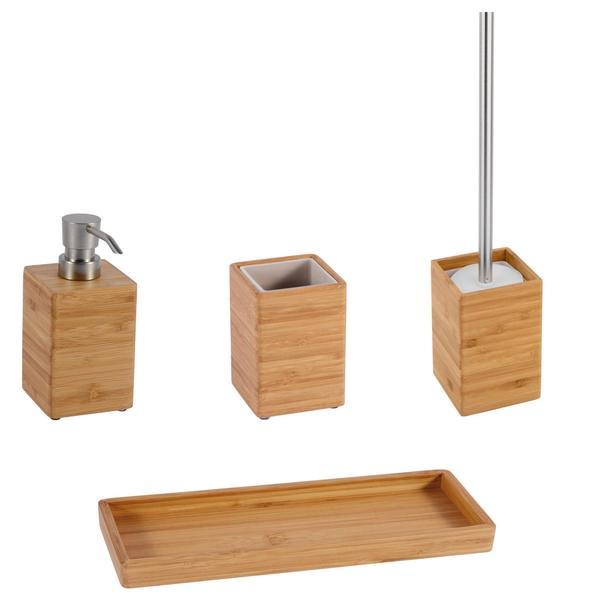 Set accesorii din bambus pentru baie format din dozator sapun lichid, pahar, savoniera si perie toaleta OEM