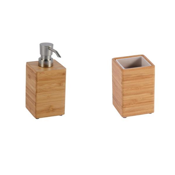 Set accesorii din bambus pentru baie format din dozator sapun lichid si pahar OEM