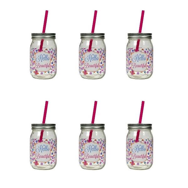 Set 6 recipiente pentru baut tip borcan cu capac si pai, multicolor, 450ml