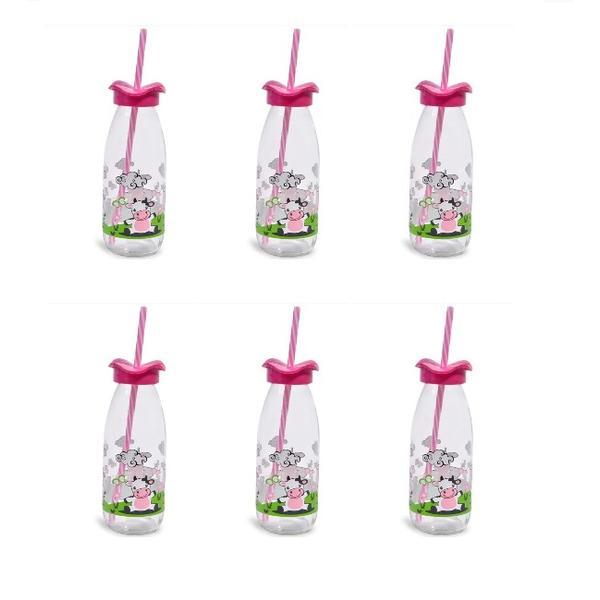 Set 6 recipiente tip sticla cu capac ondulat si pai, Design Animalute, 500 ml, Multicolor