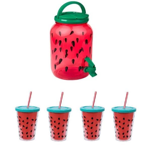 Set limonada 5 piese, format din borcan 3.8l si 4 pahare, model pepene rosu