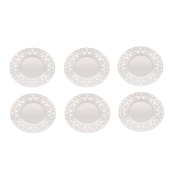 Set 6 farfurii elegante cu margini dantelate pentru servire desert, 15 cm, Portelan, Alb