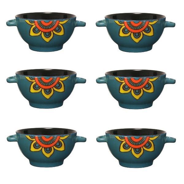 Set format din 6 boluri de servit din ceramica pentru supa, cu manere, de culoare albastru cu model floral, 650 ml