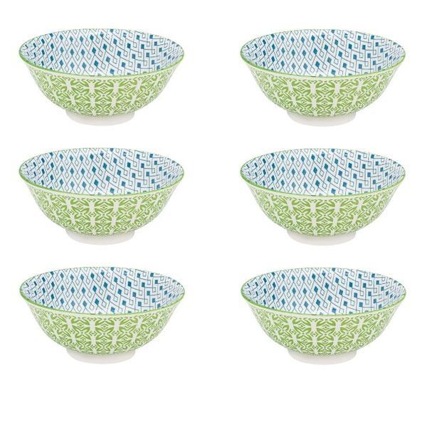 Set format din 6 boluri de servit din portelan pentru supa, model verde cu albastru, 690 ml