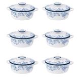 Set format din 6 boluri de servit din ceramica cu manere si capac pentru supa, alb cu flori de culoare albastru deschis, 600 ml