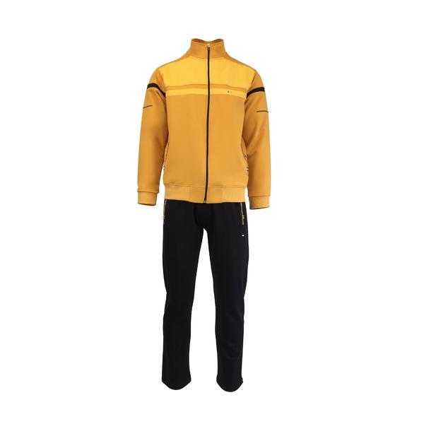 Trening barbat, univers fashion, jacheta culoare galben, cu 2 buzunare cu fermoare, pantaloni negru cu 3 buzunare cu fermoare, 2xl