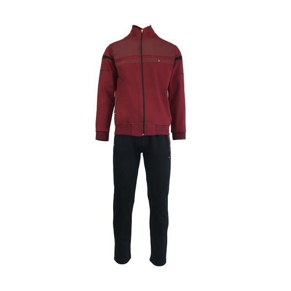 Trening barbat, univers fashion, jacheta culoare grena, cu 2 buzunare cu fermoare, pantaloni negru cu 3 buzunare cu fermoare, l