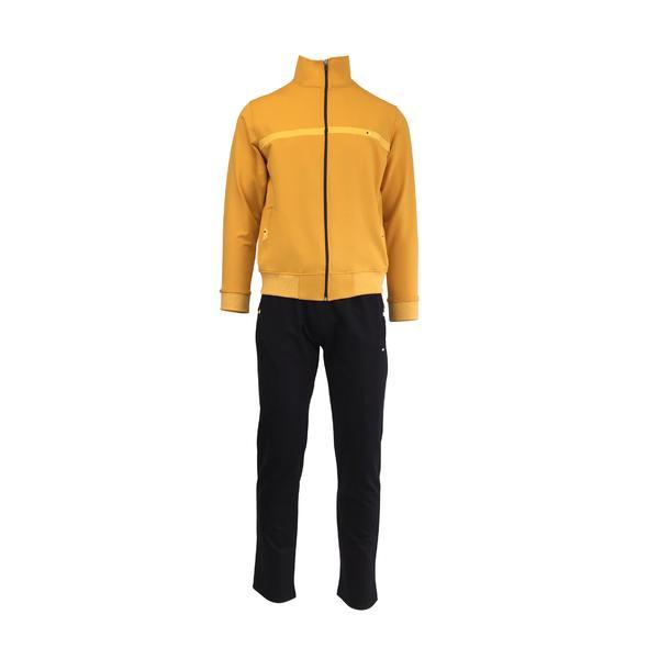 Trening barbat, univers fashion, jacheta galben, cu 2 buzunare cu fermoare, pantaloni negru cu 3 buzunare cu fermoare, m