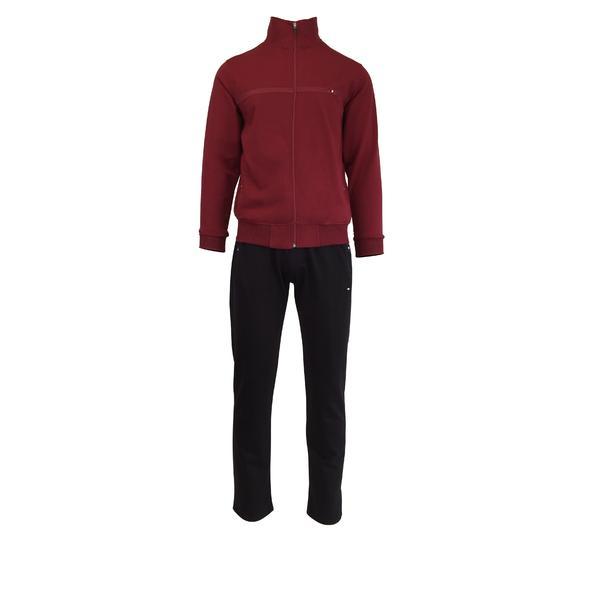Trening barbat, univers fashion, jacheta grena, cu 2 buzunare cu fermoare, pantaloni negru cu 3 buzunare cu fermoare, m