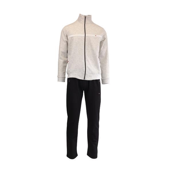 Trening barbat, univers fashion, jacheta gri deschis, cu 2 buzunare cu fermoare, pantaloni negru cu 3 buzunare cu fermoare, xl