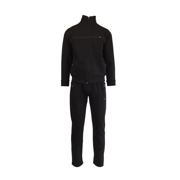 Trening barbat, univers fashion, culoare neagra, jacheta cu 2 buzunare cu fermoare, pantaloni cu 3 buzunare cu fermoare, l