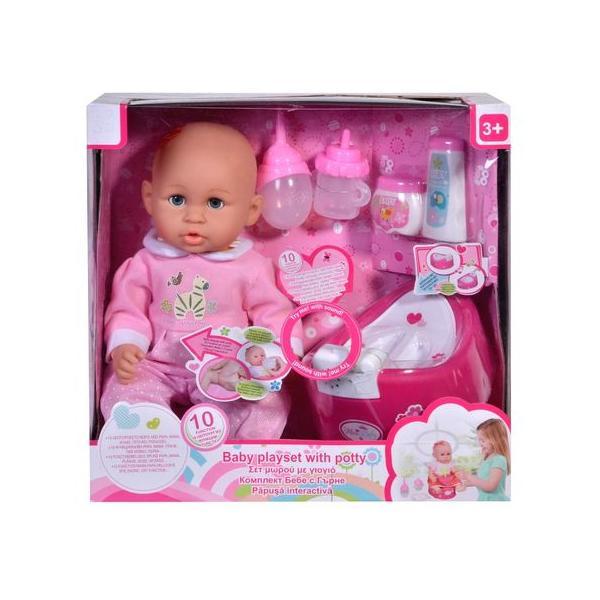 Set de jucarie interactiv pentru fete, papusa bebe care vorbeste, cu biberon si patut, accesorii incluse, pe baterii topi toy, 3 ani+