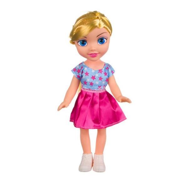 Papusa cu par blond, rochita roz cu albastru si pantofi albi Topi Toy, 30 cm